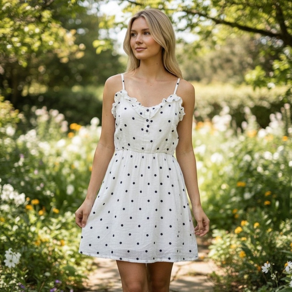 White Black Polka Dot Smocked Midi Dress Ruffle Cottagecore Coastal Sundress‎ M